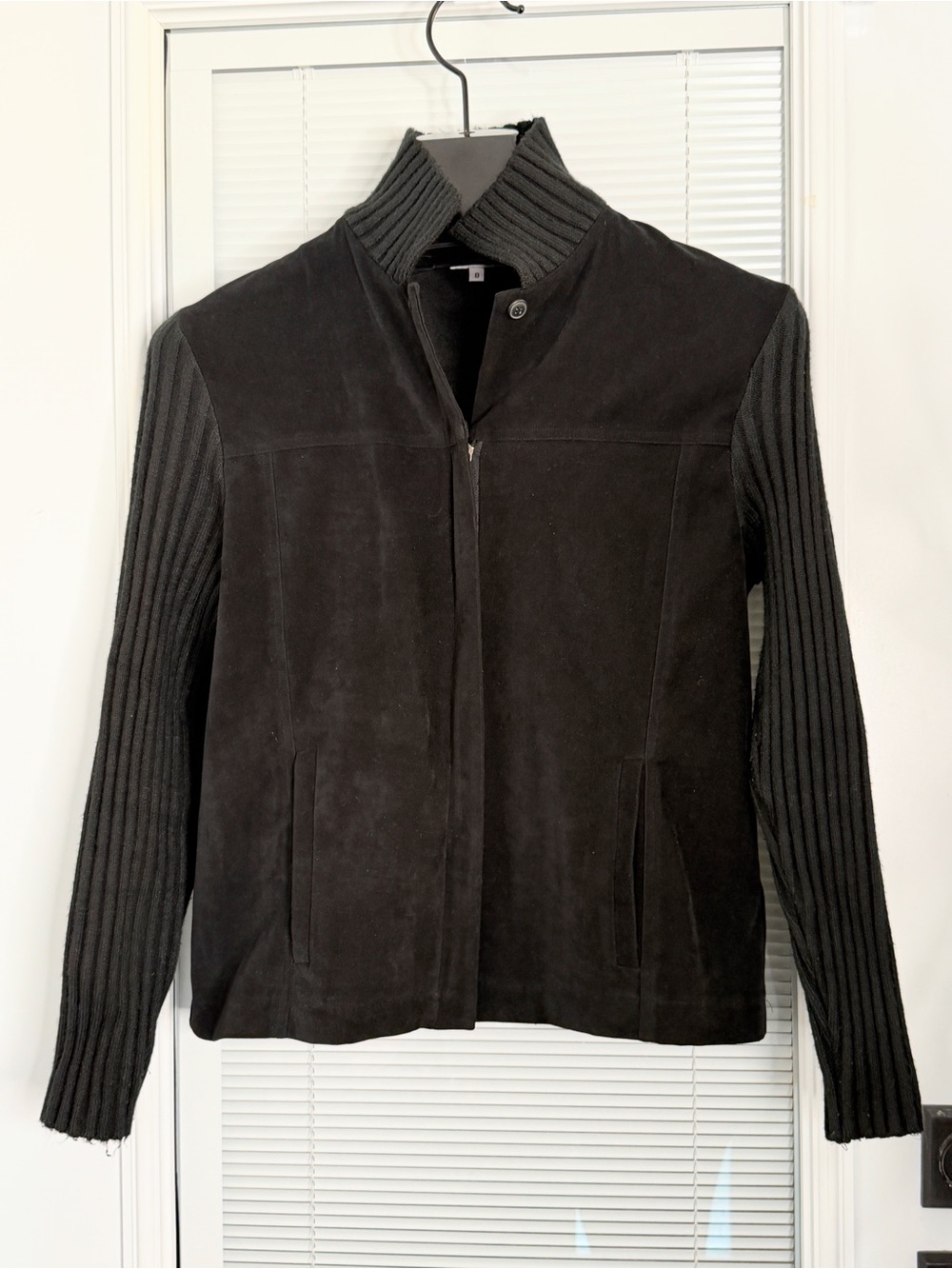Women's Sz 8 Knit Collar and Sleeves Faux Suede Jacket with Pockets Y2K EUC